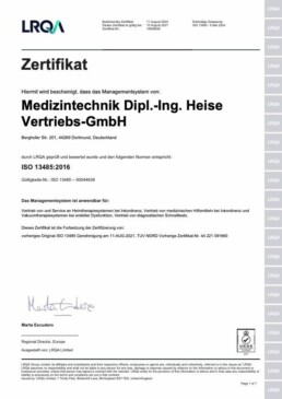 Medizintechnik Heise - Zertifikat gemäßEN ISO 13485:2016